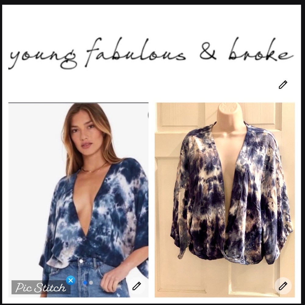 Revolve Young, broke and fabulous blue tie died Tia blouse cross front - Picture 1 of 6